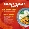 An infographic showing the simple 2-step recipe for Schwartz Creamy Parsley Sauce 26G, with a photo of the finished sauce served over fish and potatoes.