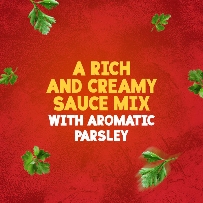 A promotional image for Schwartz Creamy Parsley Sauce 26G shows the text A rich and creamy sauce mix with aromatic parsley on a red textured background with fresh parsley leaves.