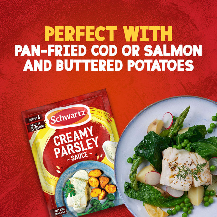 A packet of Schwartz Creamy Parsley Sauce 26G is featured in an advertisement next to a serving suggestion of pan-fried cod with potatoes, peas, and asparagus.