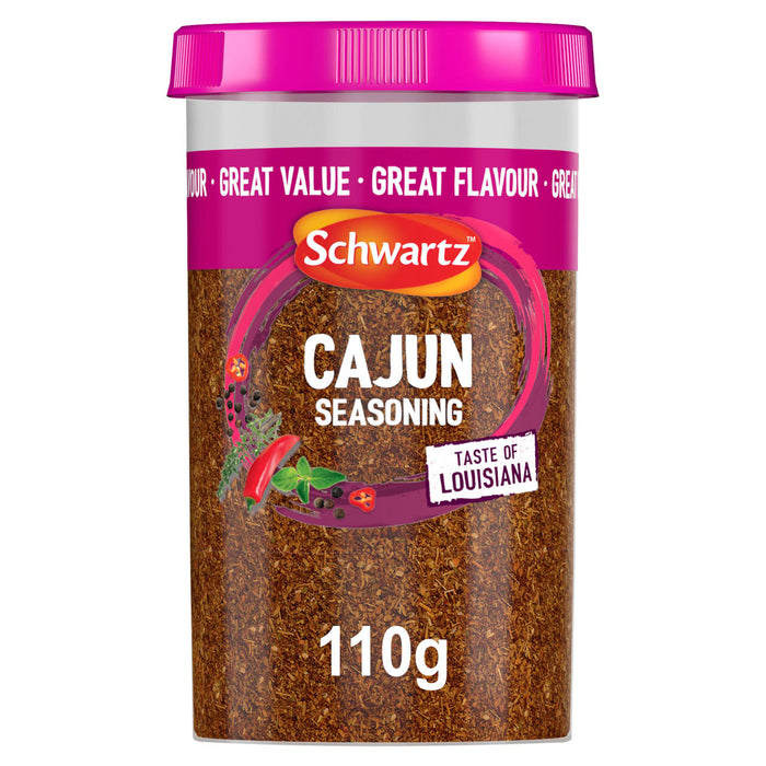 A clear plastic jar of Schwartz Cajun Seasoning 110G featuring a pink lid and a label with a Taste of Louisiana graphic and illustrations of chili peppers and herbs.