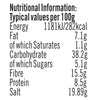 An infographic displaying the nutritional information per 100g for Schwartz Cajun Seasoning 110G including energy fat carbohydrates fibre protein and salt content.