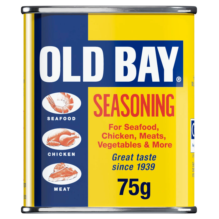 A rectangular tin of Old Bay Seasoning is shown against a white background, displaying its iconic yellow and blue label with red lettering.