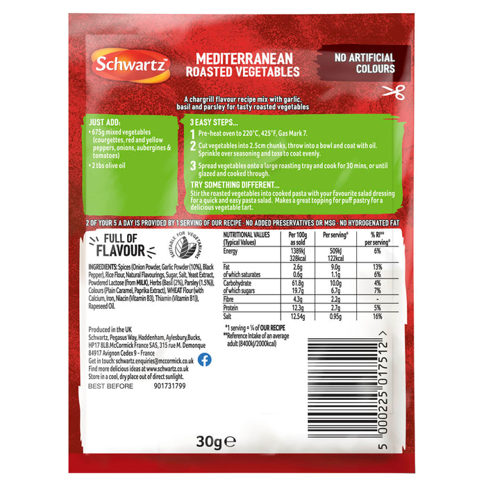 The back of a packet of Schwartz Mediterranean Roasted Vegetable Mix 30g provides cooking instructions, nutritional information, and a full list of ingredients.