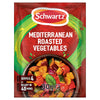 A 30g packet of Schwartz Mediterranean Roasted Vegetable Mix 30 featuring a vibrant bowl of seasoned peppers, zucchini, and red onions that serves four people in 40 minutes.