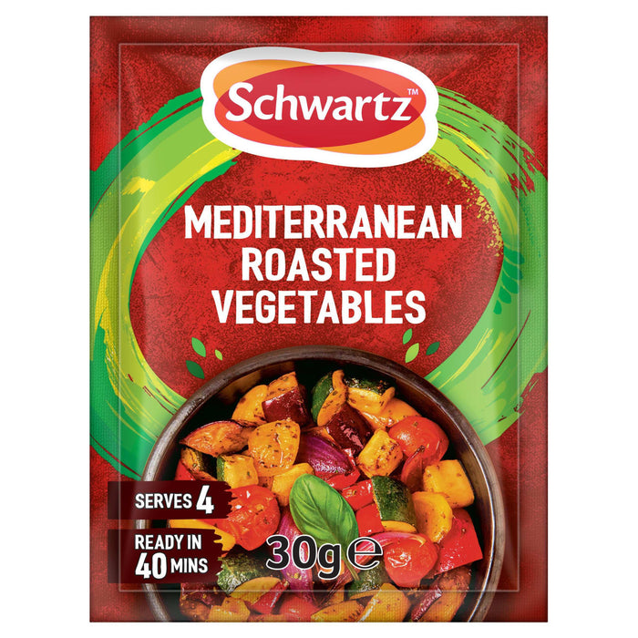 A 30g packet of Schwartz Mediterranean Roasted Vegetable Mix 30 featuring a vibrant bowl of seasoned peppers, zucchini, and red onions that serves four people in 40 minutes.