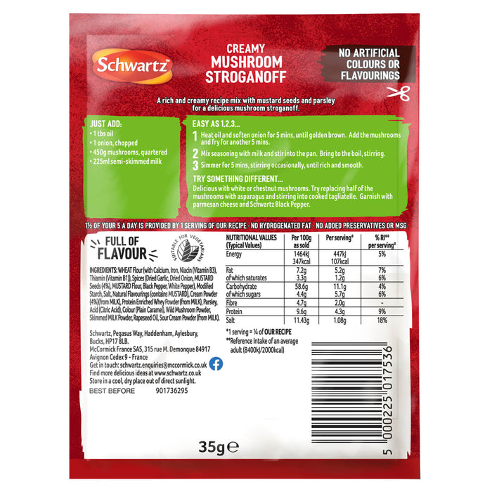 The back of a packet of Schwartz Creamy Mushroom Stroganoff Recipe Mix 35G provides detailed cooking instructions, nutritional information, and a full list of ingredients.