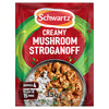 A packet of Schwartz Creamy Mushroom Stroganoff Recipe Mix 35G featuring a serving suggestion of the creamy mushroom dish served with white rice.