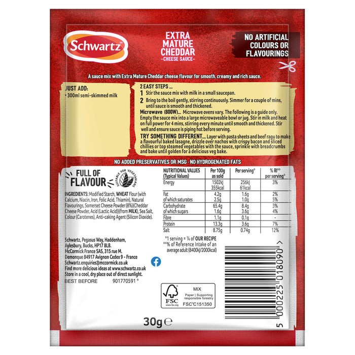 The back of a packet of Schwartz Extra Mature Cheddar Cheese Sauce 30G, displaying the nutritional information, ingredients, and cooking instructions.