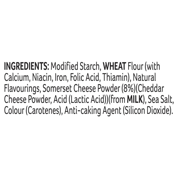 The ingredients list for the Schwartz Extra Mature Cheddar Cheese Sauce 30G is displayed, detailing components such as modified starch, wheat flour, and Somerset cheese powder.