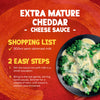 An advertisement for Schwartz Extra Mature Cheddar Cheese Sauce 30G displays the simple shopping list and two-step instructions next to a serving suggestion of the sauce poured over fresh broccoli.