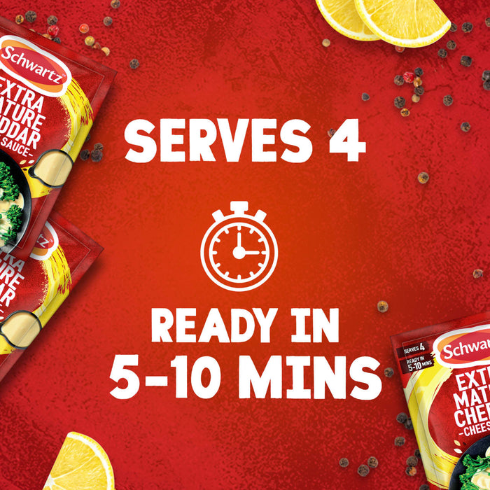 An advertisement for Schwartz Extra Mature Cheddar Cheese Sauce 30G shows packets of the product on a red background, highlighting that it serves 4 and is ready in 5-10 minutes.