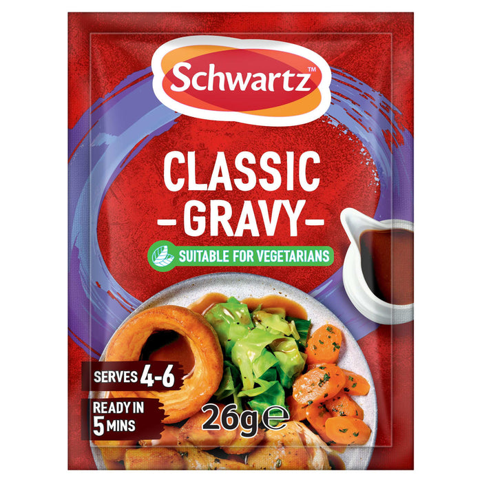 A 26g packet of Schwartz Classic Gravy 26G featuring a serving suggestion of a roast dinner with a Yorkshire pudding, vegetables, and gravy.