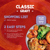 An infographic for Schwartz Classic Gravy 26G provides a simple two step cooking method and a shopping list for 300ml of water alongside a prepared roast chicken dinner.