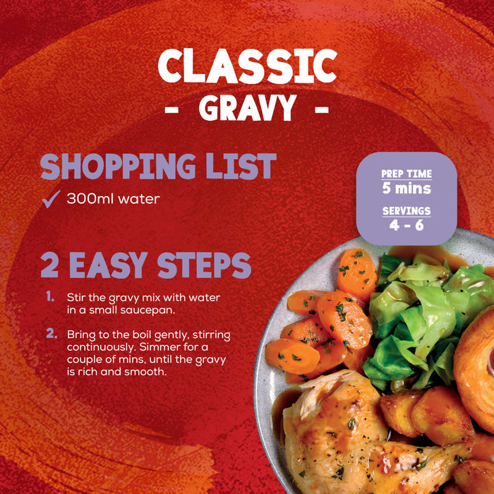An infographic for Schwartz Classic Gravy 26G provides a simple two step cooking method and a shopping list for 300ml of water alongside a prepared roast chicken dinner.