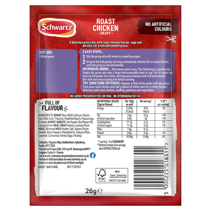The back of a packet of Schwartz Roast Chicken Gravy Mix 26G provides detailed cooking instructions for both hob and microwave along with a full nutritional values table and ingredient list.