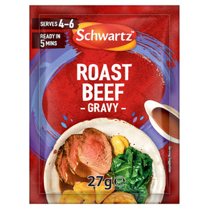 A red packet of Schwartz Roast Beef Gravy Mix 27G is shown with a serving suggestion of a roast beef dinner, complete with sliced beef, potatoes, and greens covered in the finished gravy.