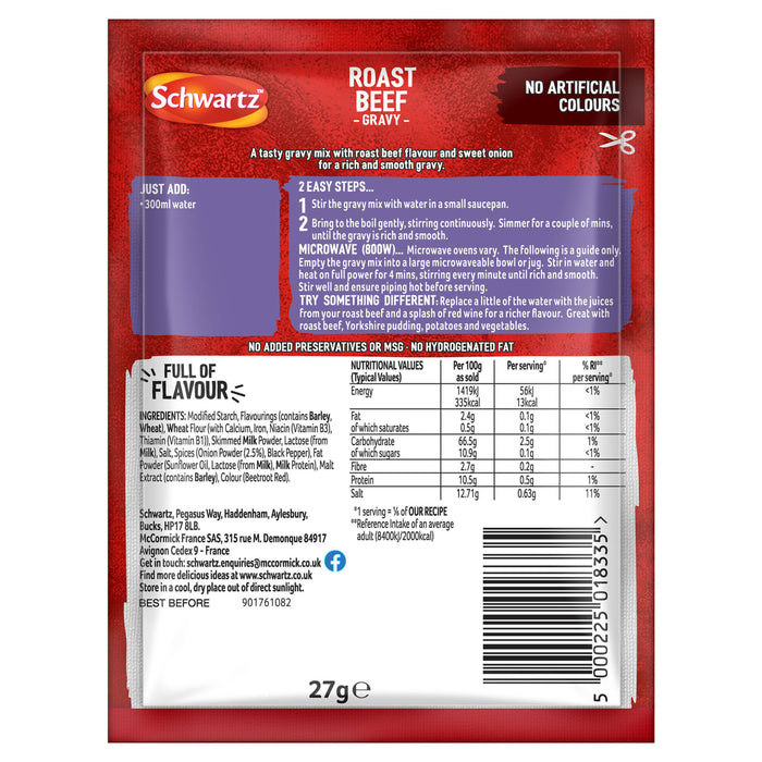 The back of a packet of Schwartz Roast Beef Gravy Mix 27G, displaying the ingredients, nutritional information, and cooking instructions.