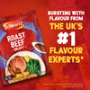 A promotional image features a packet of Schwartz Roast Beef Gravy Mix 27G set against a vibrant red background with bold text proclaiming it is from the number one flavour experts in the UK.