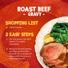 An infographic shows the shopping list and two easy steps for preparing Schwartz Roast Beef Gravy Mix 27G, next to a plated meal of roast beef with gravy.
