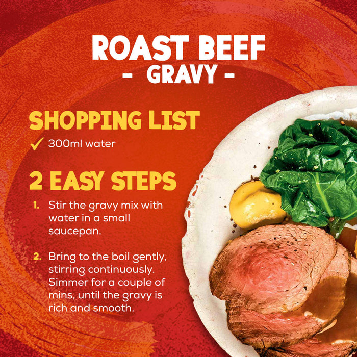 An infographic shows the shopping list and two easy steps for preparing Schwartz Roast Beef Gravy Mix 27G, next to a plated meal of roast beef with gravy.