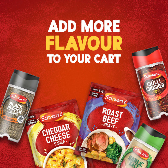 A promotional image encourages shoppers to Add more flavour to your cart by showcasing a variety of Schwartz products, including a packet of Schwartz Roast Beef Gravy Mix 27G, Black Pepper, and Crushed Chilli.