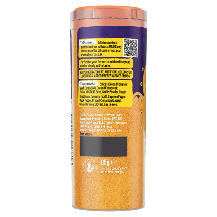 A side view of the label for Schwartz Mild Curry Powder 85G showing the ingredients list and a QR code for recipes on a purple and yellow background.