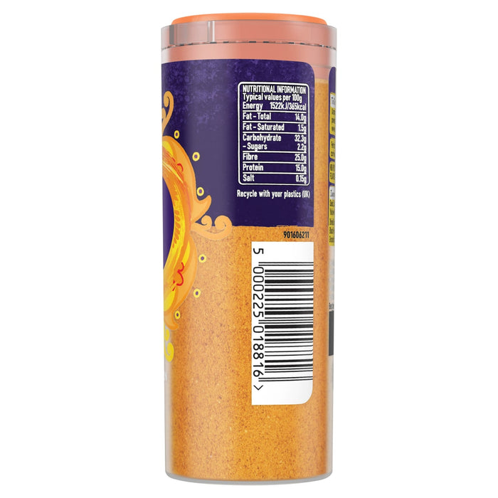A side view of a jar of Schwartz Mild Curry Powder 85G showing the nutritional information table and barcode on a purple and orange label.