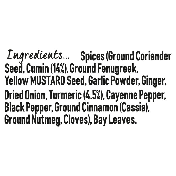 An ingredient list for Schwartz Mild Curry Powder 85G featuring a blend of spices including ground coriander seed, cumin, ground fenugreek, yellow mustard seed, garlic powder, ginger, dried onion, turmeric, cayenne pepper, black pepper, ground cinnamon, ground nutmeg, cloves, and bay leaves.