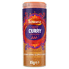 A clear jar of Schwartz Hot Curry Powder 85G featuring a vibrant purple and red label with illustrations of three chili peppers.