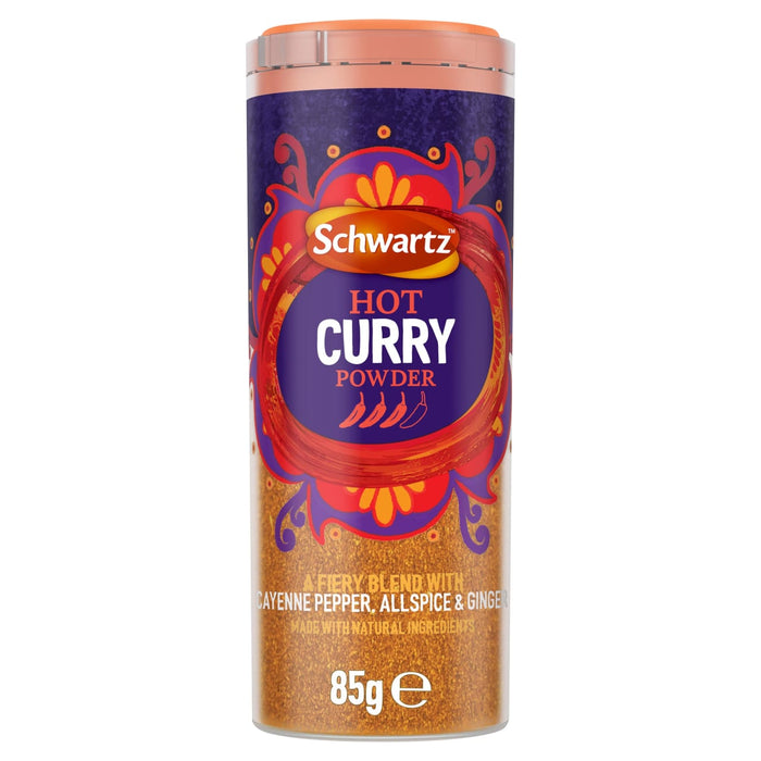 A clear jar of Schwartz Hot Curry Powder 85G featuring a vibrant purple and red label with illustrations of three chili peppers.