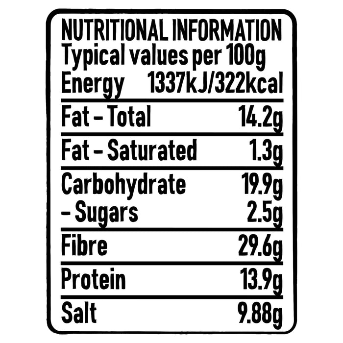 An infographic displaying the nutritional information per 100g for Schwartz Hot Curry Powder 85G including energy values and a breakdown of fat, carbohydrates, fibre, protein, and salt.