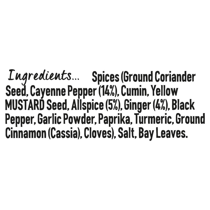 A detailed list of ingredients for Schwartz Hot Curry Powder 85G including spices like ground coriander seed, cayenne pepper, cumin, yellow mustard seed, allspice, ginger, and black pepper.