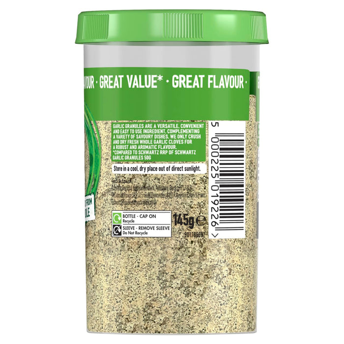 A large clear jar of Schwartz Garlic Granules 145G features a green lid and a label with storage instructions and recycling information.