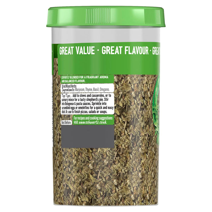 A clear plastic jar of Schwartz Mixed Herbs 27G featuring a green lid and a label listing ingredients like marjoram, thyme, basil, and oregano.