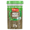 A clear plastic jar of Schwartz Mixed Herbs 27G with a green lid and label featuring an expertly blended mix of dried herbs.
