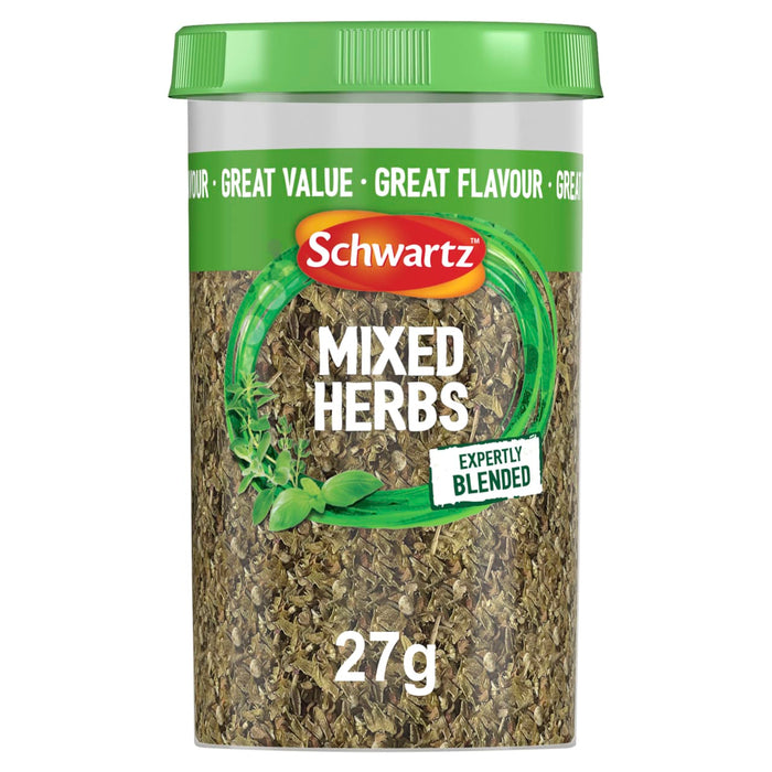 A clear plastic jar of Schwartz Mixed Herbs 27G with a green lid and label featuring an expertly blended mix of dried herbs.