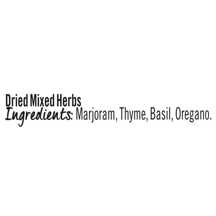 A graphic displaying the ingredients for Schwartz Mixed Herbs 27G which include Marjoram Thyme Basil and Oregano.