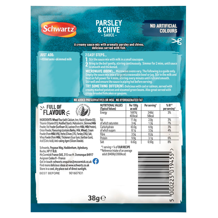 The back of a packet of Schwartz Parsley & Chive Sauce Mix 38G provides detailed cooking instructions for both hob and microwave along with a full nutritional table and ingredient list.
