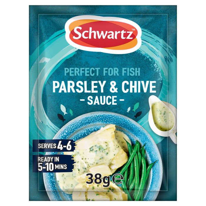 A 38g packet of Schwartz Parsley and Chive Sauce Mix 38G featuring a serving suggestion of white fish and green beans topped with the creamy herb sauce.