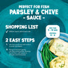This infographic provides preparation instructions and a shopping list for Schwartz Parsley & Chive Sauce Mix 38G, featuring a plated meal of fish with sauce, mashed potatoes, and green beans.