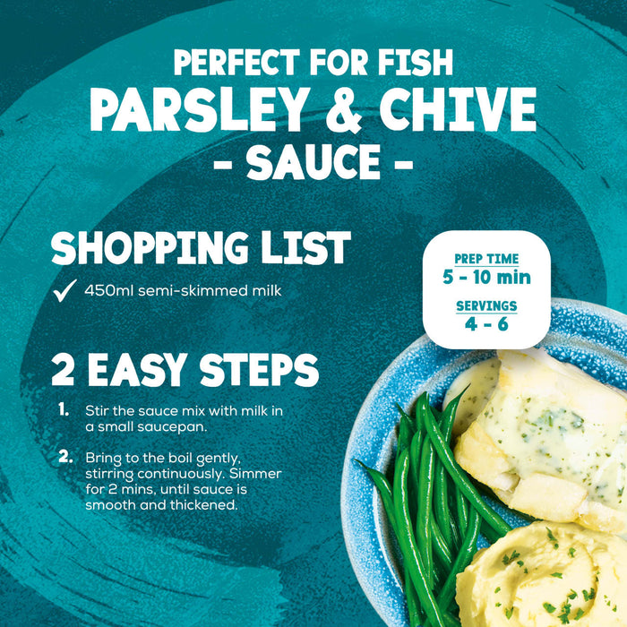 This infographic provides preparation instructions and a shopping list for Schwartz Parsley & Chive Sauce Mix 38G, featuring a plated meal of fish with sauce, mashed potatoes, and green beans.