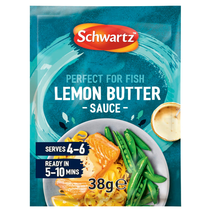 A package of Schwartz Lemon Butter Sauce Mix 38G featuring a serving suggestion of salmon and pasta with green peas on a teal background.