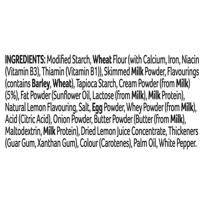 A detailed list of ingredients for Schwartz Lemon Butter Sauce Mix 38G including wheat flour, skimmed milk powder, and natural lemon flavoring.