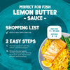 This infographic for Schwartz Lemon Butter Sauce Mix 38G provides a shopping list and two easy steps to prepare a creamy sauce that is perfect for fish.