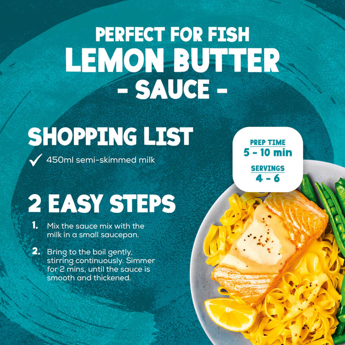 This infographic for Schwartz Lemon Butter Sauce Mix 38G provides a shopping list and two easy steps to prepare a creamy sauce that is perfect for fish.