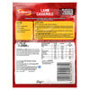 The back of a red and yellow packet of Schwartz Lamb Casserole Recipe Mix 35G displays detailed cooking instructions, a list of ingredients, and a nutritional information table.