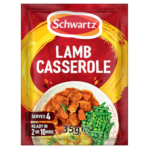 A packet of Schwartz Lamb Casserole Recipe Mix 35G featuring a serving suggestion of a hearty lamb stew with carrots and green beans.