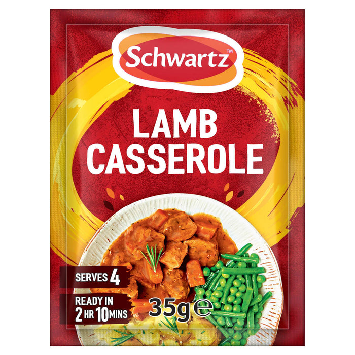 A packet of Schwartz Lamb Casserole Recipe Mix 35G featuring a serving suggestion of a hearty lamb stew with carrots and green beans.