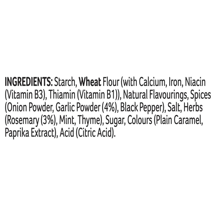 The ingredient list for Schwartz Lamb Casserole Recipe Mix 35G includes starch, wheat flour with added nutrients, natural flavorings, and a blend of spices and herbs like garlic, rosemary, and mint.