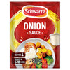 A 28g packet of Ds Onion Sauce from Schwartz featuring a serving suggestion of chicken and vegetables topped with the creamy sauce.